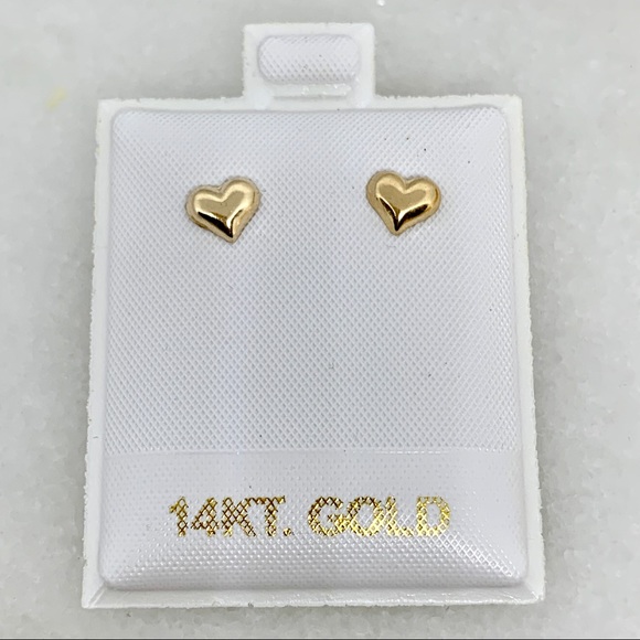 14K Yellow Gold Small Puffed Heart Earrings ❤️ - Picture 4 of 7